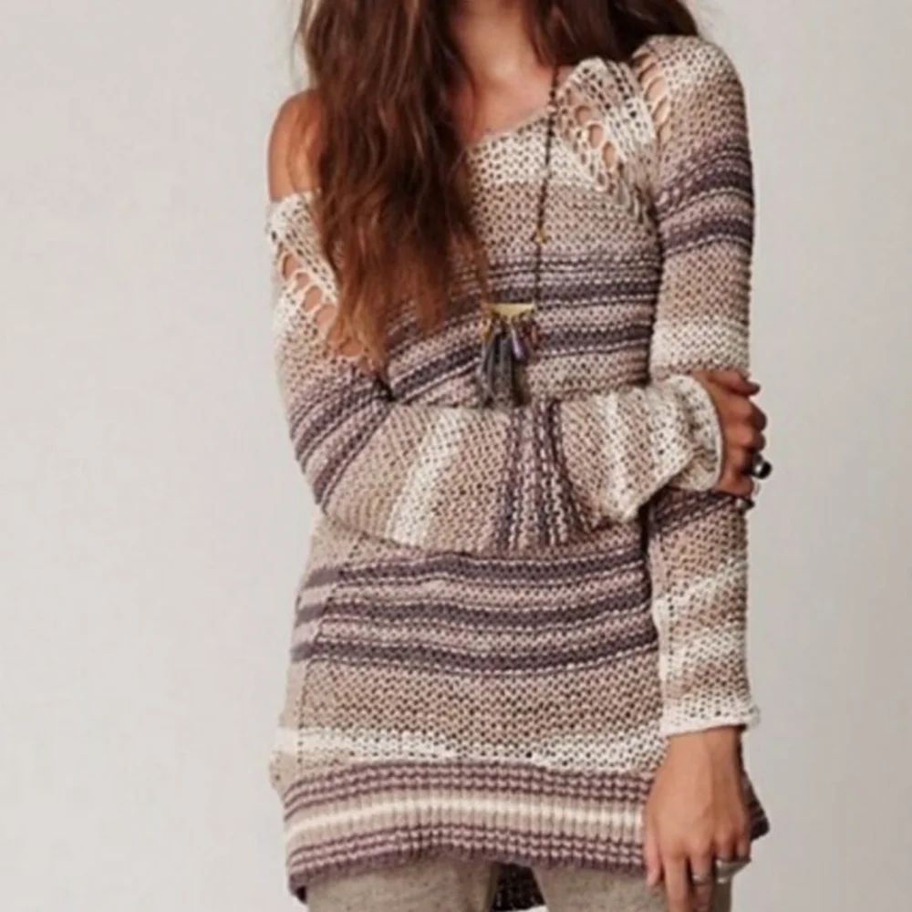 Free People Desert Moon Sweater Sand Striped Open Knit Pullover Wide Neck MEDIUM